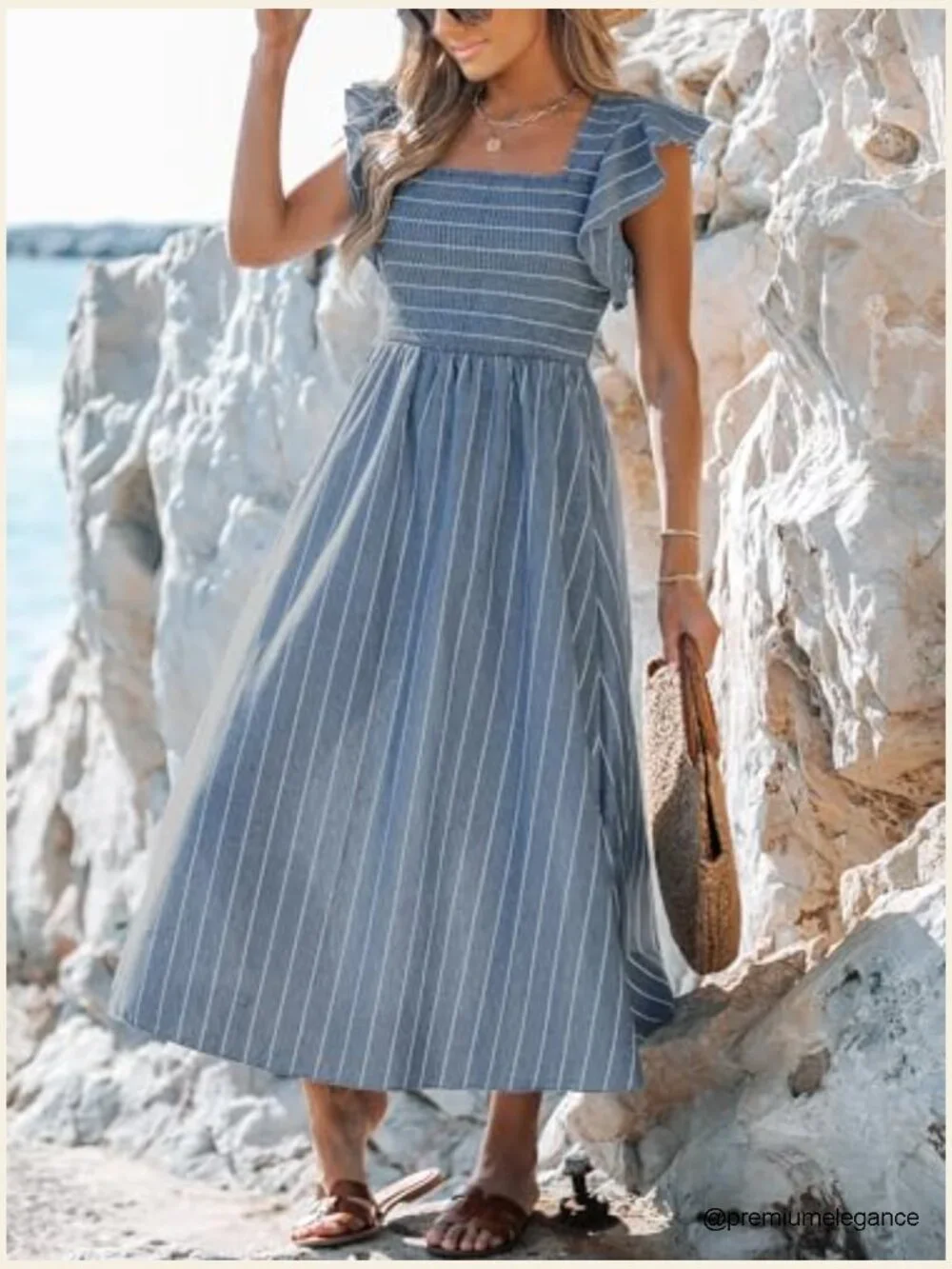 Striped Smocked Maxi Dress with Ruffled Sleeves, Square Neck, A-Line - Picture 5 of 6